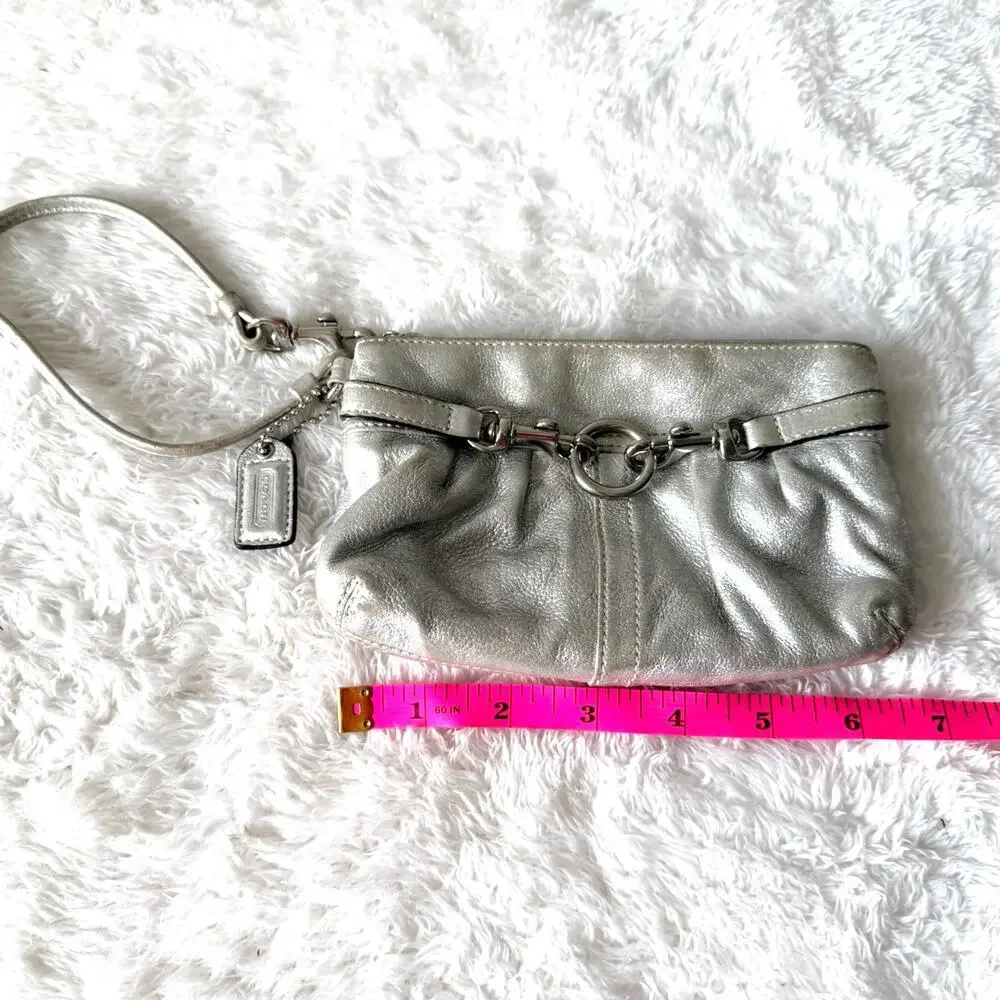 Coach Silver Metallic Leather Wristlet Clutch Pouch Horsebit Accent